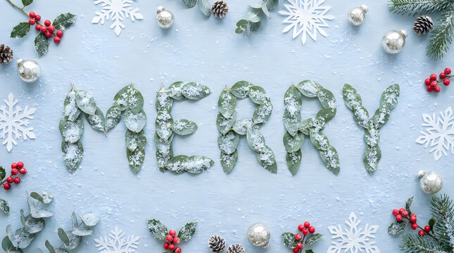 Festive merry christmas word art with evergreen and berries