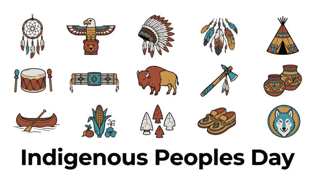 Indigenous Peoples Day Vector Icon Set featuring Native American Culture Elements, Dreamcatcher, Totem Pole, Headdress, Canoe, Drum, and Arrowhead Symbols