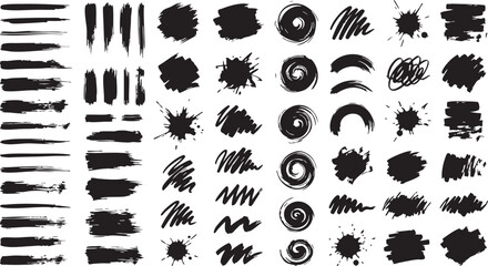 Fototapeta premium A diverse collection of rough textured brush strokes and splatter effects in black and white