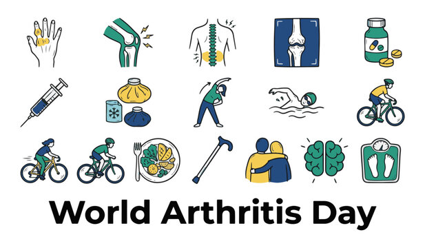 World Arthritis Day Vector Icon Set featuring Joint Health, X-ray Knee Scan, Exercise, Cycling, Swimming, Medication, Spine Care, and Wellness Icons