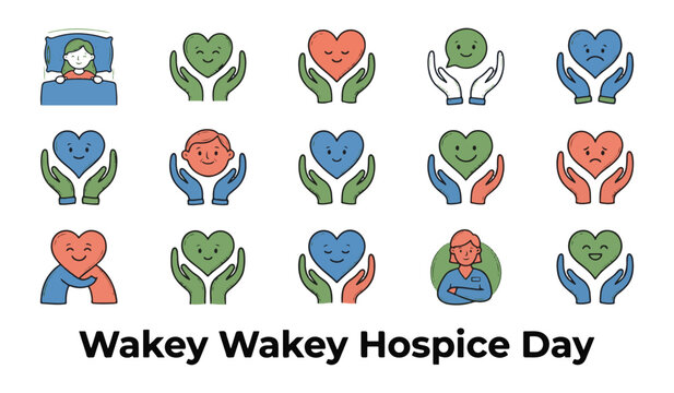 Wakey Wakey Hospice Day Vector Icon Set featuring Caring Hands, Heart Symbols, Palliative Care, Comfort Support, Medical Nursing, and Kindness Icons