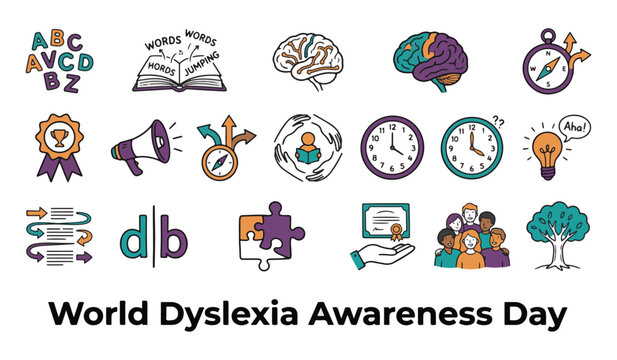 World Dyslexia Awareness Day Vector Icon Set featuring Learning Support, Brain Connectivity, Letter Reversal, Special Education, and Reading Tools Icons