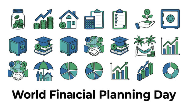 World Financial Planning Day Vector Icon Set featuring Piggy Bank, Savings Jar, House Investment, Safe Locker, Graduation Cap, and Analytics Chart Icons