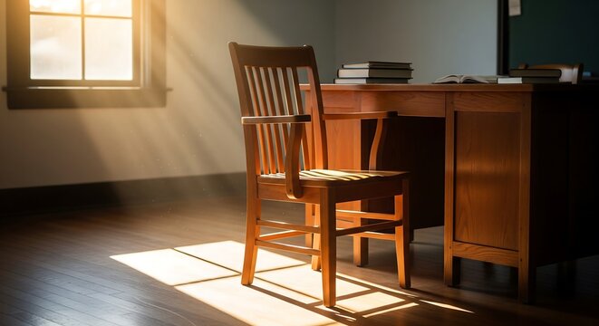 Vintage wooden chair and desk in a sunlit home office with warm golden hour light and shadows
