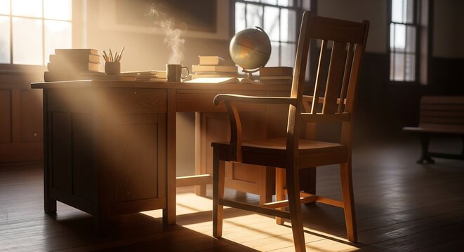 Vintage wooden desk and chair in empty office flooded with golden sunlight and floating dust particles