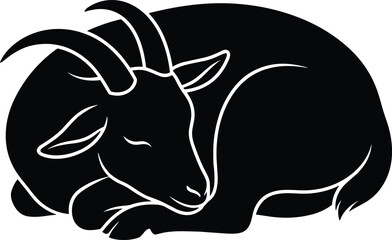 Obraz premium Sleeping domestic horned goat resting curled up farm animal vector black silhouette isolated on white background