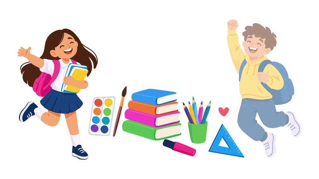 animation two cheerful schoolchildren with colorful stationery supplies