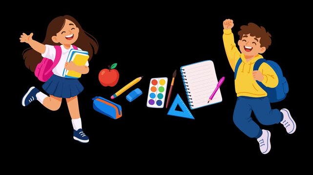 animation happy boy and girl with school supplies set
