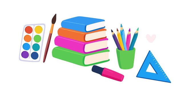 animation bright school stationery set with colorful supplies