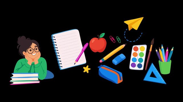 animation smiling schoolgirl surrounded by colorful school supplies