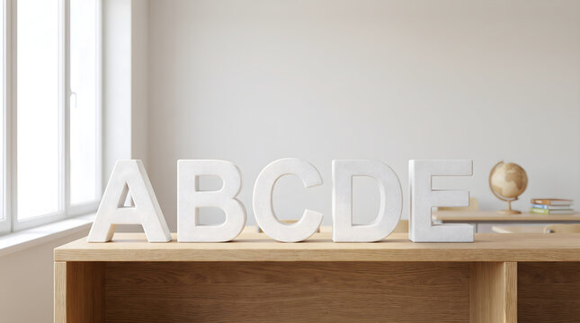 Abcde wooden letters spelling the alphabet on a desk in a bright room representing education and learning