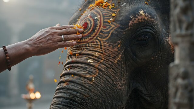 Devotee Applying Rituals and Blessings on Elephant During Religious Ceremony