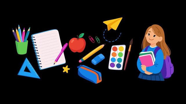 animation happy schoolgirl presenting colorful educational supplies