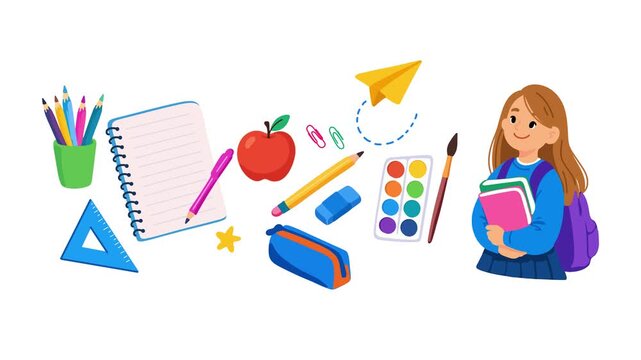 animation cute female student with colorful stationery supplies