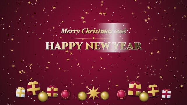 Elegant Festive Holiday Greeting Card Featuring Golden Decorative Ornaments and Gift Boxes Against a Deep Red Sparkling Background Texture