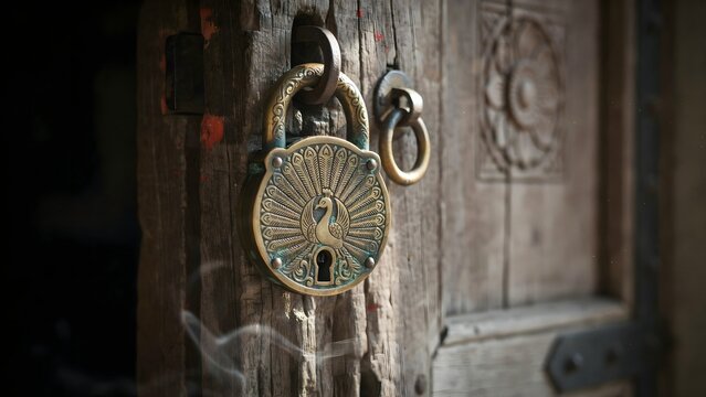 Vintage brass padlock hanging on rustic wooden door with carved details