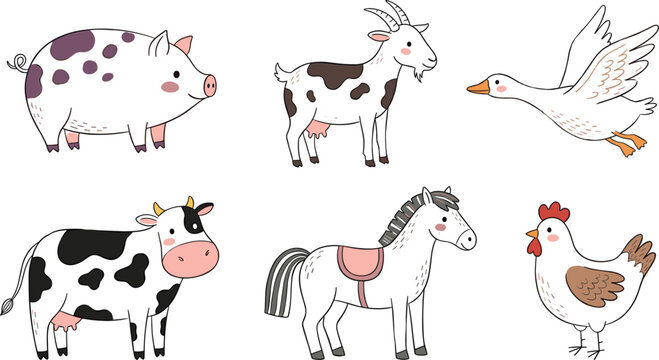 Cute Hand Drawn Farm Animal Vector Set with Cartoon Cow Pig Horse and Flying Goose