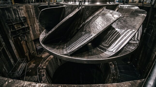 A massive hydro turbine rotor or pump impeller being lowered into a deep concrete well at an industrial power plant or facility. Highlights heavy engineering and renewable energy infrastructure.