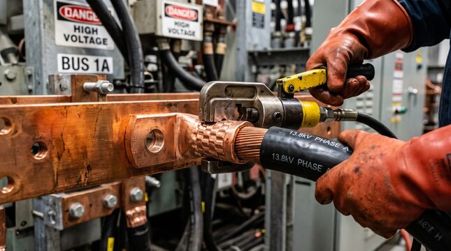 Professional electrician working on a high-voltage electrical system, crimping a 13.8kV cable to a copper busbar in an industrial environment, emphasizing safety.
