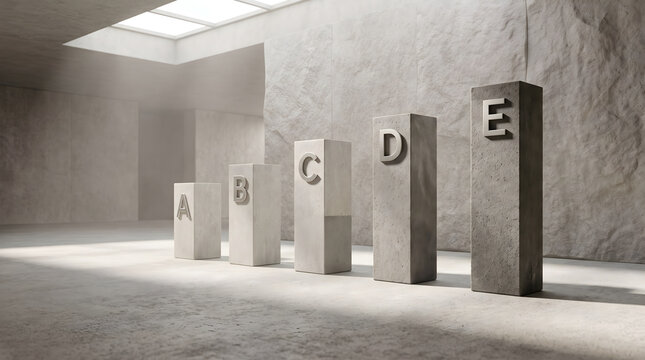 Minimalist interior with abstract concrete pillars labeled with abcde letters in a modern industrial setting