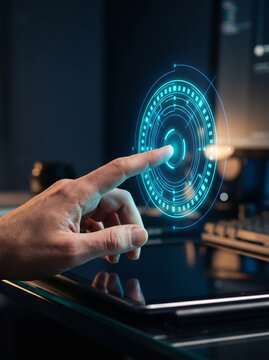 Man interacting with futuristic holographic interface technology digital innovation concept