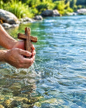 Man holding a wooden cross in clean flowing river water