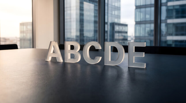 A close up view of clear letters spelling abcde on a conference table inside a modern office room