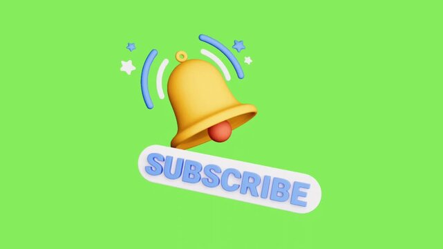 3D Notification Bell Ringing with Subscribe Button on Green Screen Background