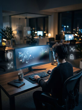Cybersecurity professional working late at night in a modern office with data streams on monitor