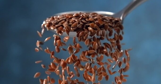 Flax seeds falling from a spoon in slow motion on blue background
