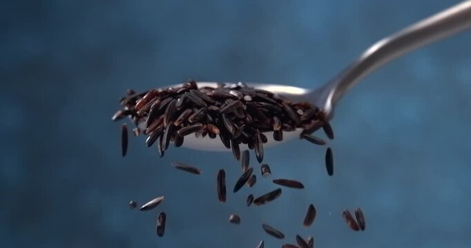 Black rice falling from a spoon in slow motion on blue background