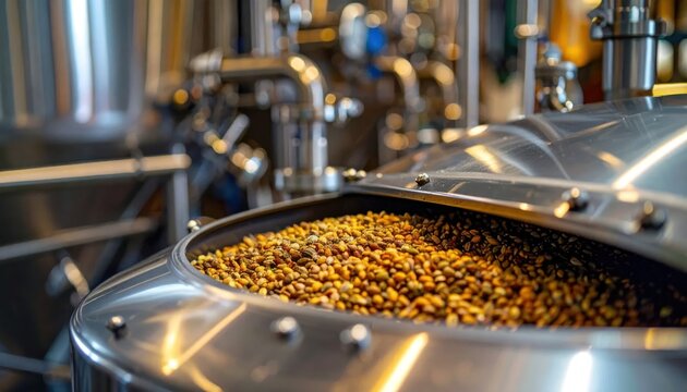Close-up of malted grains in a stainless steel fermentation tank during craft brewing process