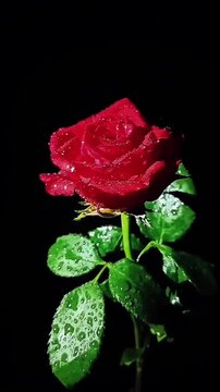 Beautiful Red Rose with Dew Drops Against a Black Background