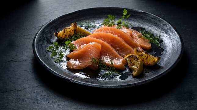 Delizioso piatto di salmone affumicato servito con limone fresco e prezzemolo verde su un piatto nero elegante.