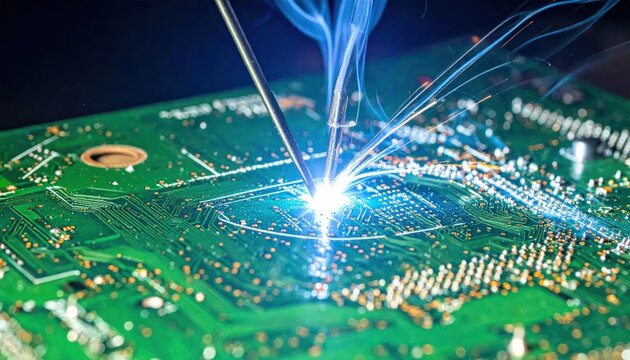 Close-up of soldering a complex green circuit board with bright sparks and blue smoke, highlighting intricate technology and electronics repair.