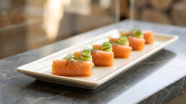 Deliziosi involtini di salmone affumicato serviti con cetriolo fresco e aneto aromatico su un piatto elegante