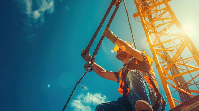 Rigger attaches heavy steel cables to a construction crane while working at height outdoors.
