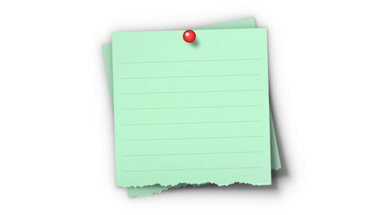Pastel green sticky note mockup with red push pin isolated on transparent background, realistic lined memo paper pad with torn edge for cork bulletin board notice © Josnara