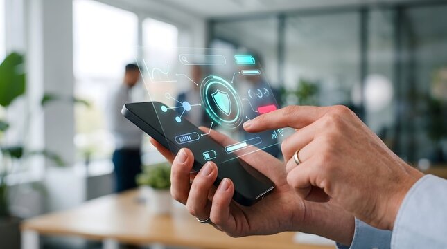 Business professional managing cloud computing storage and data synchronization on smartphone in modern office