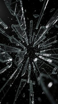 Shattered glass pieces explode outward in a dynamic, high-contrast image against a black background.