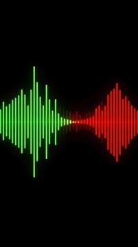 A colorful audio waveform visualization with green and red bars on a black background, representing sound or music signals.