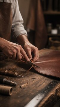 A craftsman carefully cuts a piece of brown leather on a wooden workbench surrounded by leatherworking tools.