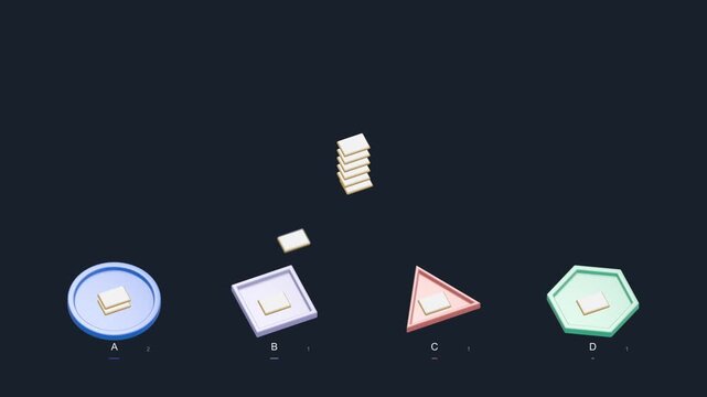 Portfolio diversification animation, a stack of chips splits into four asset trays A, B, C and D on a dark background