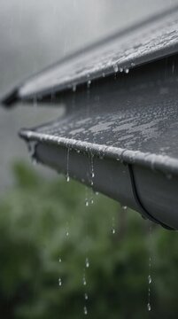 Rainwater drips from a metal roof gutter on a rainy day with blurred green foliage in the background.