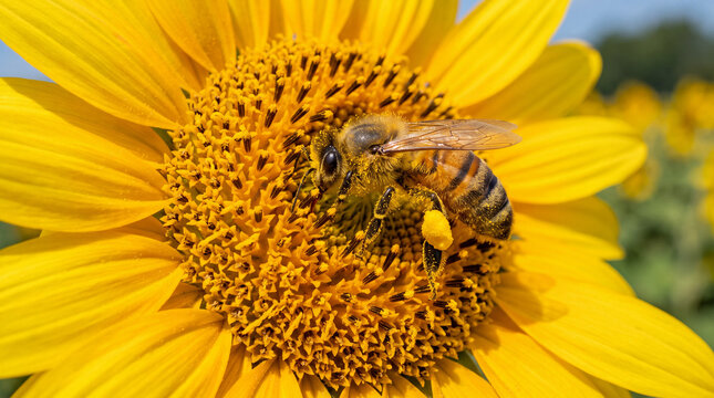 Honeybee collecting pollen on a vibrant sunflower under sunlight