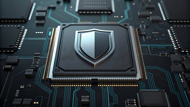 Precision engineered shield processor circuit board conveys advanced cybersecurity and powerful computing technology with futuristic industrial