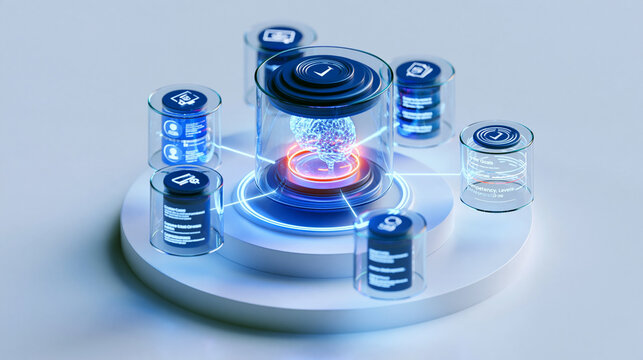 Isometric artificial intelligence brain central node connected with digital modules   