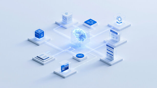 Isometric artificial intelligence brain central node connected with digital modules   
