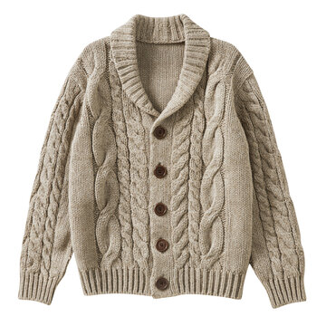 Textured knit cardigan sweater with shawl collar and buttons in neutral beige isolated on transparent background
