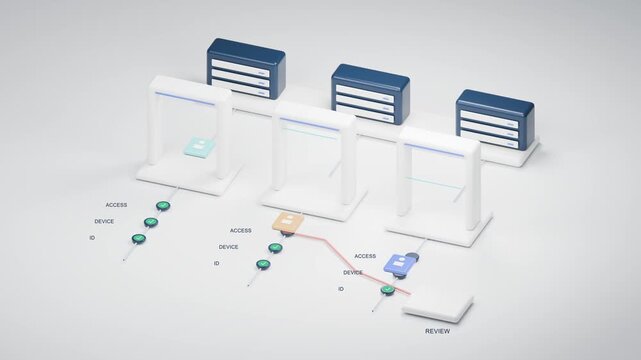 Zero trust access animation, requests pass identity, device and access checks through security gates to servers, failed checks go to review